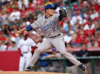 ANAHEIM, CA - MAY 09:  Pitcher Zack Greinke #23 of the Kansas City Royals throws a pitch against the Los Angeles Angels of Anaheim on May 9, 2009 at Angel Stadium in Anaheim, California. The Angels won 1-0.  (Photo by Stephen Dunn/Getty Images)