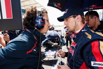 ISTANBUL, TURKEY - JUNE 07:  Sebastien Bourdais (R) of France and Scuderia Toro Rosso talks with his Chief Engineer Laurent Mekies before the Turkish Formula One Grand Prix at Istanbul Park on June 7, 2009, in Istanbul, Turkey.  (Photo by Peter Fox/Getty 