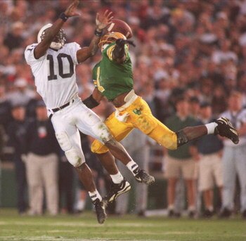 2 Jan 1995:  Wide receiver Bobby Engram of the Penn State Nittany Lions has a pass batted away by cornerback Alex Molden of the Oregon Ducks during the Nittany Lions's 38-14 victory over the Ducks in th 1995 Rose Bowl at the Rose Bowl in Pasadena, Califor