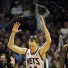 22 April 2002: Keith Van Horn #44 of the New Jersey Nets celebrates a three pointer against The Indiana Pacers during their first round playoff game at the Continental Airlines Arena in East Rutherford, New Jersey.   Digital Image. NOTE TO USER: User expr