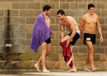 MELBOURNE, AUSTRALIA - NOVEMBER 19:  Aaron Joseph, Lachie Hill and Darren Pfeiffer of the Blues shower during a pre-season Carlton Blues AFL recovery session at Port Melbourne Surf Life Saving Club on November 19, 2008 in Melbourne, Australia.  (Photo by 