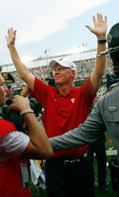 CHESTNUT HILL - SEPTEMBER 8:  Coach Tom O'Brien of the North Carolina Wolfpack leaves the field after a game with the Boston College Eagles at Alumni Stadium September 8, 2007 in Chestnut Hill, Massachusetts. (Photo by Jim Rogash/Getty Images)