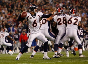 FOXBORO, MA - OCTOBER 20: Jay Cutler #6 of the Denver Broncos throws a pass against the New england Patriots at Gillette Stadium on October 20, 2008 in Foxboro, Massachusetts. The Paytiots won 41-7. (Photo by Jim Rogash/Getty Images)