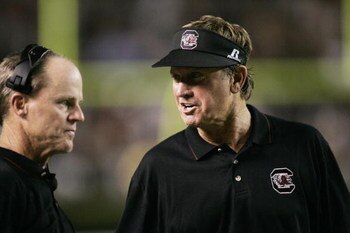 COLUMBIA, SC - SEPTEMBER 1:  Head coach Steve Spurrier of the South Carolina Gamecocks talks to assistant coach John Thompson against the University of Central Florida Golden Knights on September 1, 2005 at Williams-Brice Stadium in Columbia, South Caroli