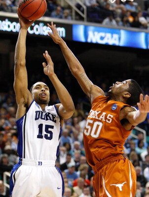 GREENSBORO, NC - MARCH 21:  Gerald Henderson #15 of the Duke Blue Devils shoots over Varez Ward #50 of the Texas Longhorns during the second round of the NCAA Division I Men's Basketball Tournament at the Greensboro Coliseum on March 21, 2009 in Greensbor