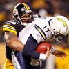 PITTSBURGH - JANUARY 11:  LaMarr Woodley #56 of the Pittsburgh Steelers sacks Philip Rivers #17 of the San Diego Chargers in the fourth quarter during their AFC Divisional Playoff Game on January 11, 2009 at Heinz Field in Pittsburgh, Pennsylvania. Steele