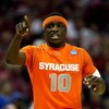 MEMPHIS, TN - MARCH 27:  Jonny Flynn #10 of the Syracuse Orange points in the first half against the Oklahoma Sooners during the NCAA Men's Basketball Tournament South Regionals at the FedExForum on March 27, 2009 in Memphis, Tennessee.  (Photo by Joe Mur