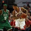 CHICAGO - APRIL 30: Derrick Rose #1 of the Chicago Bulls moves against Rajon Rondo #1 of the Boston Celtics in Game Six of the Eastern Conference Quarterfinals during the 2009 NBA Playoffs at the United Center on April 30, 2009 in Chicago, Illinois. The B