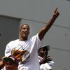 LOS ANGELES, CA - JUNE 17:  Trevor Ariza #3  waves to the crowd from the top of a double decker bus at the start of Los Angeles Lakers NBA championship victory parade outside the Staples Center on June 17, 2009 in Los Angeles, California.  (Photo by Steph