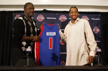 AUBURN HILLS, MI - NOVEMBER 04:  Allen Iverson #1 of the Detroit Pistons is introduced at press conference by President of Basketball Operations Joe Dumars after being traded from the Denver Nuggets on November 4, 2008 at the Palace of Auburn Hills in Aub