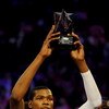 PHOENIX - FEBRUARY 13:  Kevin Durant #35 of the Sophomore team holds up the MVP trophy after the Sophomores won the T-Mobile Rookie Challenge & Youth Jam part of 2009 NBA All-Star Weekend at US Airways Center on February 13, 2009 in Phoenix, Arizona.  NOT