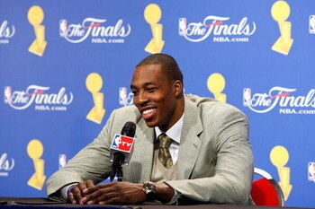 ORLANDO, FL - JUNE 14:  Dwight Howard #12 of the Orlando Magic speaks to the media after the Magic lost to the Los Angeles Lakers in Game Five of the 2009 NBA Finals on June 14, 2009 at Amway Arena in Orlando, Florida.  The Lakers won 99-86.  NOTE TO USER