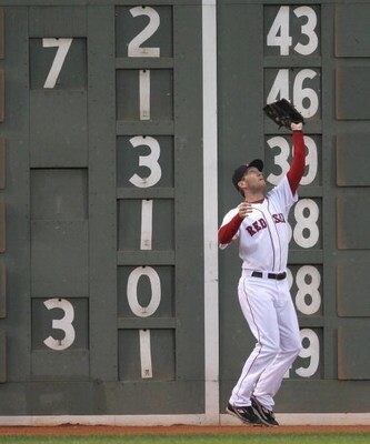 BOSTON - JUNE 11: Jason Bay #44 of the Boston Red Sox catches a fly ball against the New York Yankees at Fenway Park on June 11, 2009 in Boston, Massachusetts.  (Photo by Jim Rogash/Getty Images)