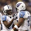 DETROIT , MI - NOVEMBER 27:  LenDale White #25 of the Tennessee Titans celebrates a second quarter touchdown with Chris Johnson #28 while playing the Detroit Lions on November 27, 2008 at Ford Field in Detroit, Michigan.  (Photo by Gregory Shamus/Getty Im