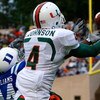 DURHAM, NC - OCTOBER 18:  Receiver Aldarius Johnson #4 of the Miami Hurricanes pulls in this touchdown reception against Glenn Williams #24 of the Duke Blue Devils during the game at Wallace Wade Stadium on October 18, 2008 in Durham, North Carolina.  (Ph
