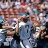 LOS ANGELES, CA - SEPTEMBER 8:  Quarterback Ken O'Brien #7 of the New York Jets has the ball knocked loose during a game against the Los Angeles Raiders at the Los Angeles Memorial Coliseum on September 8, 1985 in Los Angeles, California.  The Raiders won