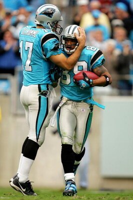 CHARLOTTE, NC - NOVEMBER 19:  Steve Smith #89 of the Carolina Panthers celebrates his 62-yard touchdown reception with his quarterback Jake Delhomme #17 during the second quarter of their game against the St. Louis Rams on November 19, 2006 at Bank of Ame
