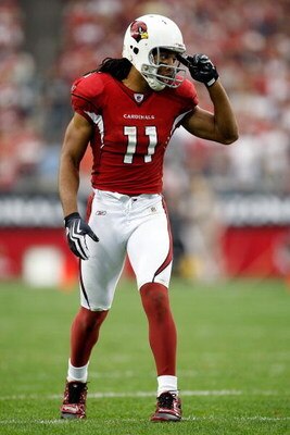 GLENDALE, AZ - JANUARY 18:  Wide receiver Larry Fitzgerald #11 of the Arizona Cardinals looks on against the Philadelphia Eagles during the NFC championship game on January 18, 2009 at University of Phoenix Stadium in Glendale, Arizona.  (Photo by Jamie S