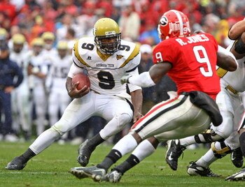 ATHENS, GA - NOVEMBER 29:  Quarterback Josh Nesbitt #9 of the Georgia Tech Yellow Jackets ran for 48 yards during the game against the Georgia Bulldogs at Sanford Stadium on November 29, 2008 in Athens, Georgia.  The Yellow Jackets beat the Bulldogs 45-42
