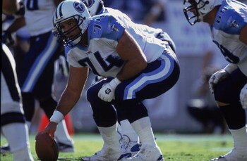 7 Oct 2001:  # of Bruce Mathews #74 of the Tennessee Titanswaits for the snap during the game against the Baltimore Ravens at the PSINET Stadium in Baltimore, Maryland. The Ravens defeated the Titans 26-7.Mandatory Credit: Doug Pensinger  /Allsport