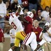 STANFORD, CA - NOVEMBER 15:  Wopamo Osaisai #6 of the Stanford Cardinals breaks up a pass to Ronald Johnson #8 of USC Trojans at Stanford Stadium on November 15, 2008 in Stanford, California.  (Photo by Jed Jacobsohn/Getty Images)