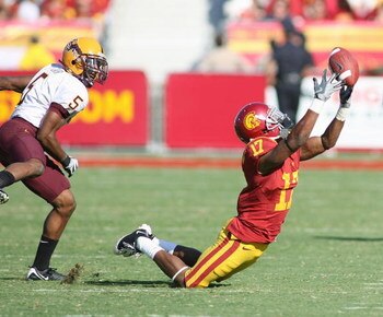 LOS ANGELES - OCTOBER 11:  Travon Patterson of the USC Trojans attemps to make a catch against the Arizona State Sun Devils on October 11, 2008 at the Los Angeles Memorial Coliseum in Los Angeles, California.  USC won 28-0.  (Photo by Jeff Golden/Getty Im
