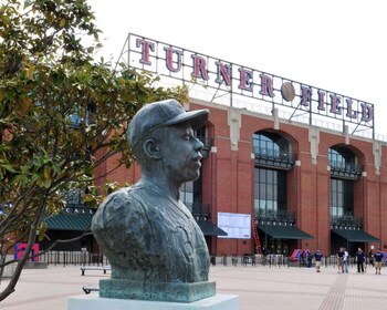ATLANTA - APRIL 10: A bust of Hall of Famer Hank Aaron greets fans in a plaza outside Turner Field as the Atlanta Braves play against the Washington Nationals in a home opener April 10, 2009 in Atlanta, Georgia.  (Photo by Al Messerschmidt/Getty Images)