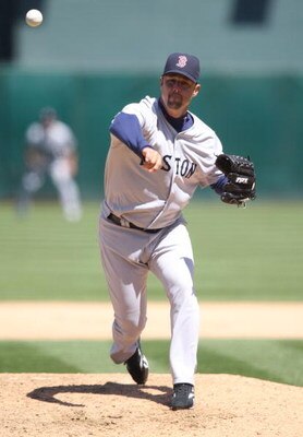 OAKLAND, CA - APRIL 15:  Tim Wakefield #49 of the Boston Red Sox pitches against the Oakland Athletics during a Major League Baseball game on April 15, 2009 at the Oakland Coliseum in Oakland, California.  (Photo by Jed Jacobsohn/Getty Images)