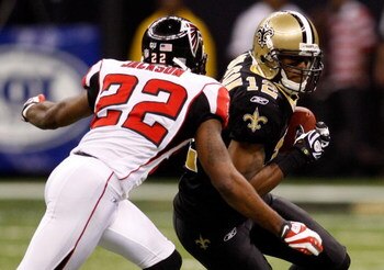 NEW ORLEANS - DECEMBER 07:  Marques Colston #12 of the New Orleans Saints is tackled by Chevis Jackson #22 of the Atlanta Falcons on December 7, 2008 at the Superdome in New Orleans, Louisiana.  (Photo by Chris Graythen/Getty Images)