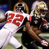 NEW ORLEANS - DECEMBER 07:  Marques Colston #12 of the New Orleans Saints is tackled by Chevis Jackson #22 of the Atlanta Falcons on December 7, 2008 at the Superdome in New Orleans, Louisiana.  (Photo by Chris Graythen/Getty Images)
