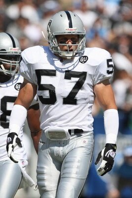 OAKLAND, CA - SEPTEMBER 28:  Ricky Brown #57 of the Oakland Raiders looks on during the game against the San Diego Chargers on September 28, 2008 at Oakland Coliseum in Oakland, California. (Photo by Jed Jacobsohn/Getty Images)