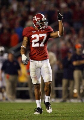 TUSCALOOSA, AL - NOVEMBER 29:  Defensive back Justin Woodall #27 of the Alabama Crimson Tide celebrates after making a stop in the fourth quarter against the Auburn Tigers at Bryant-Denny Stadium on November 29, 2008 in Tuscaloosa, Alabama. Alabama defeat