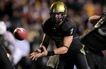 BOULDER, CO - OCTOBER 04:  Quarterback Cody Hawkins #7 of the Colorado Buffaloes runs the offense against the Texas Longhorns at Folsom Field on October 4, 2008 in Boulder, Colorado. Texas defeated Colorado 38-14.  (Photo by Doug Pensinger/Getty Images)