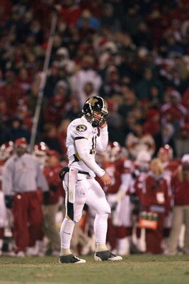 KANSAS CITY, MO - DECEMBER 06: Quarterback Chase Daniel #10 of the Missouri Tigers walks on the field during the game against the Oklahoma Sooners on December 6, 2008 at Arrowhead Stadium in Kansas City, Missouri. (Photo by Jamie Squire/Getty Images)
