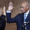 DETROIT - MAY 11:  Former Detroit Pistons' star Dave Bing (R) is sworn in as the 62nd mayor of city of Detroit by U.S. Court of Appeals Judge Damon Keith at the city�s Department of Elections office May 11, 2009 in Detroit, Michigan. Bing, a long-time Det