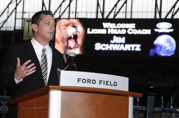 DETROIT , MI - JANUARY 16:  Jim Schwartz head coach of the Detroit Lions talks during a press conference after being introduced on January 16, 2009 at Ford Field in Detroit, Michigan.  (Photo by Gregory Shamus/Getty Images)