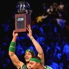 LAS VEGAS - FEBRUARY 17: Gerald Green celebrates with teammate Paul Pierce of the Boston Celtics after Green won the Sprite Slam Dunk Competition during NBA All-Star Weekend on February 17, 2007 at Thomas & Mack Center in Las Vegas, Nevada.  NOTE TO USER: