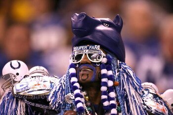 INDIANAPOLIS - NOVEMBER 02:  A fan of the Indianapolis Colts supports his team against the New England Patriots at Lucas Oil Stadium on November 2, 2008 in Indianapolis, Indiana.  (Photo by Andy Lyons/Getty Images)