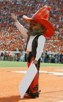 STILLWATER, OK - OCTOBER 30:  Pistol Pete, the mascot of the Oklahoma State University Cowboys, entertains the fans during the game against the University of Oklahoma Sooners at Boone Pickens Stadium on October 30, 2004 in Stillwater, Oklahoma. The Sooner