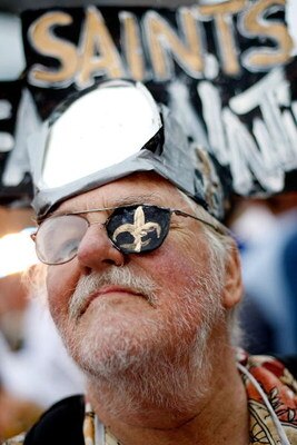 NEW ORLEANS - SEPTEMBER 24:  A Saints fan poses for a photo outside the Superdome before the Tennessee Titans play the New Orleans Saints on September 24, 2007 at the Louisiana Superdome in New Orleans, Louisiana.  (Photo by Chris Graythen/Getty Images)