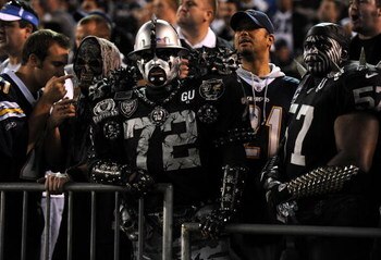 SAN DIEGO - DECEMBER 04:  Oakland Raiders fans look on during the NFL Game against the San Diego Chargers on December 4, 2008 at Qualcomm Stadium in San Diego, California.  (Photo by Harry How/Getty Images)
