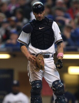MILWAUKEE - MAY 10: Jason Kendall #18 of the Milwaukee Brewers reacts after making an error in the 3rd inning against the Chicago Cubs on May 10, 2009 at Miller Park in Milwaukee, Wisconsin. The Cubs defeated the Brewers 4-2. (Photo by Jonathan Daniel/Get