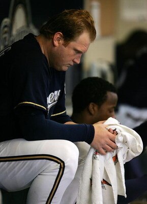 MILWAUKEE - MAY 29: Starting pitcher Seth McClung #73 of the Milwaukee Brewers sits on the bench after being removed from a game against the Atlanta Braves on May 29, 2008 at Miller Park in Milwaukee, Wisconsin. The Braves defeated the Brewers 8-1.  (Phot