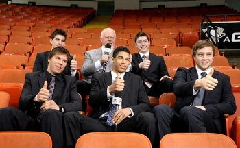PITTSBURGH - JUNE 02:  Announcer Don Cherry (center) talks with NHL top prospects (L-R) Brayden Schenn, John Tavares, Evander Kane, Matt Duchene and Victor Hedman during the Pittsburgh Penguins and Detroit Red Wings Team Practices before Game 3 of the 200