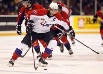 OSHAWA, ON - JANUARY 14:  Evander Kane #19 of Team Cherry skates with the puck in the 2009 Home Hardware CHL/NHL Top Prospects Game against Team Orr on Wednesday January 14, 2009 at the General Motors Centre in Oshawa, Ontario. Team Orr defeated Team Cher