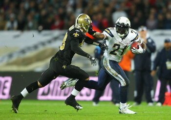 LONDON - OCTOBER 26: LaDainian Tomlison of the San Diego Chargers runs with the ball during the Bridgestone International Series NFL match between San Diego Chargers and New Orleans Saints at Wembley Stadium on October 26, 2008 in London, England.  (Photo