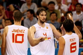BEIJING - AUGUST 22:  Pau Gasol #4, Carlos Jimenez #10 and Ricky Rubio #6 of Spain reacts against Lithuania during a men's semifinal baketball game at the Wukesong Indoor Stadium on Day 14 of the Beijing 2008 Olympic Games on August 22, 2008 in Beijing, C