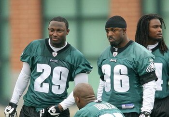 PHILADELPHIA - MAY 1: Running back Brian Westbrook #36 (R) stands on the sideline with second round draft pick running back LeSean McCoy #29 of the Philadelphia Eagles during minicamp at the NovaCare Complex on May 1, 2009 in Philadelphia, Pennsylvania. (