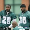 PHILADELPHIA - MAY 1: Running back Brian Westbrook #36 (R) stands on the sideline with second round draft pick running back LeSean McCoy #29 of the Philadelphia Eagles during minicamp at the NovaCare Complex on May 1, 2009 in Philadelphia, Pennsylvania. (