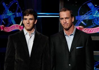 HOLLYWOOD - APRIL 06:  Football stars Eli (L) and Peyton Manning speak onstage during the taping of Idol Gives Back held at the Kodak Theatre on April 6, 2008 in Hollywood, California.  Idol Gives Back will air April 9, 2008 (7:30-10:00 PM ET/PT) on FOX. 